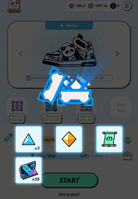 STEPN Go game screen showing a Walker sneaker and a blue treasure chest opening animation with x3 cyan gems, x3 orange gems, x1 scroll, and x28 cards available above the START button.