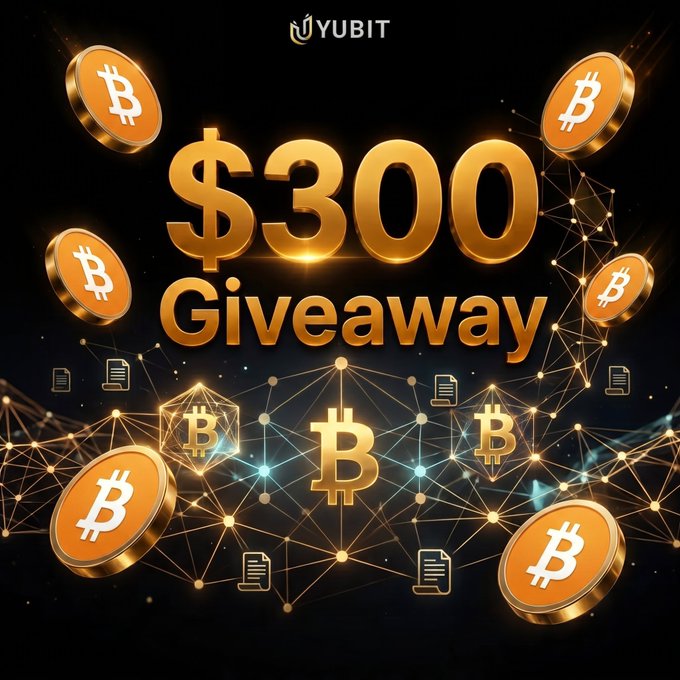 A promotional graphic from YUBIT advertising a '$300 Giveaway' featuring gold Bitcoin coins and blockchain network imagery on a dark background.