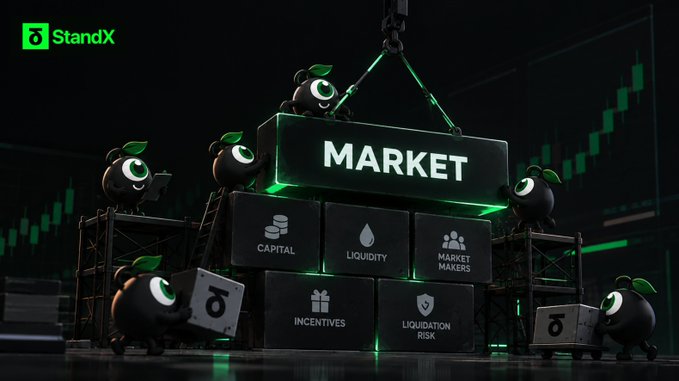 A promotional graphic for 'StandX' featuring black cartoon characters with green leaves on their heads building and carrying black blocks labeled 'MARKET', 'CAPITAL', 'LIQUIDITY', 'MARKET MAKERS', 'INCENTIVES', and 'LIQUIDATION RISK'.