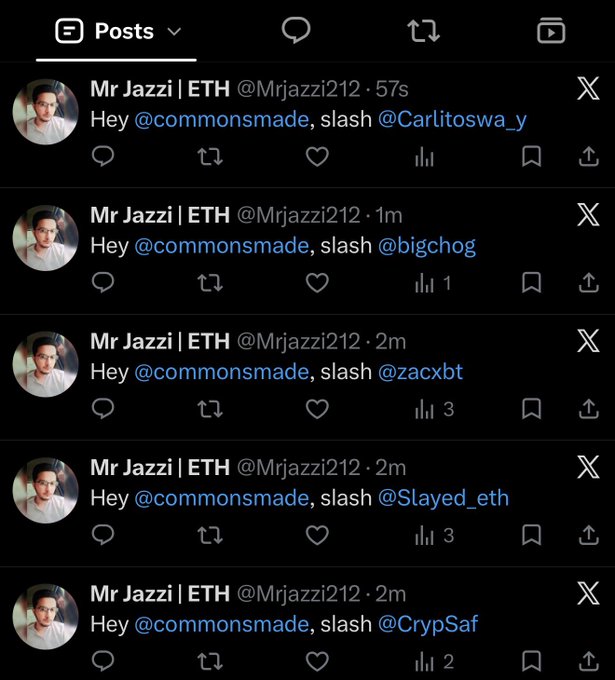 A screenshot of multiple posts from the X account "Mr Jazzi | ETH (@Mrjazzi212)" all tagged @commonsmade with different "slash" mentions including @Carlitoswa_y, @bigchog, @zacxbt, @Slayed_eth, and @CrypSaf. The repetitive pattern of identical tagging posts illustrates the user's concern about automated slashing bots being deployed against the @commonsmade account.