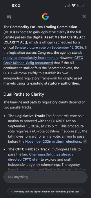 A mobile screenshot of an article discussing how the CFTC expects legislative clarity if the Senate passes the CLARITY Act, scheduled for a critical Senate cloture vote on September 15, 2026.