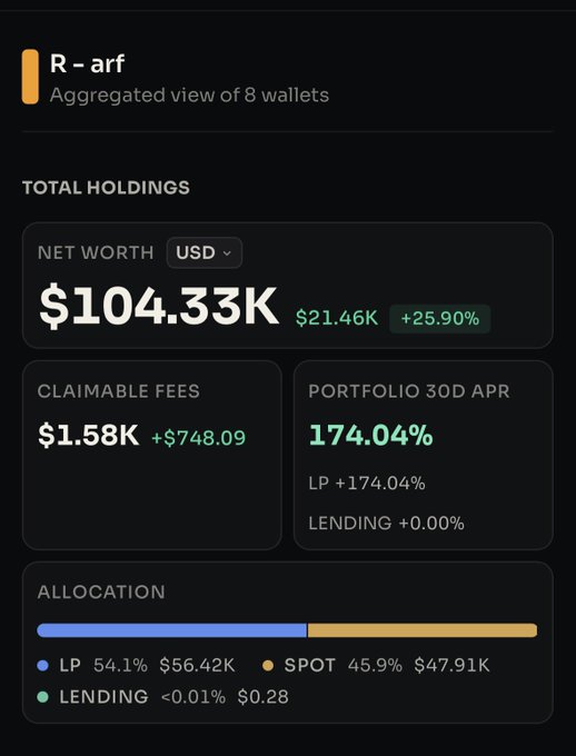A cryptocurrency portfolio dashboard for "R - arf" showing aggregated holdings of 8 wallets with a total net worth of $104.33K (+25.90%), including LP allocation of 54.1% and Spot of 45.9%.