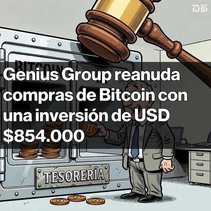 A Spanish news graphic featuring an illustration of a gavel and a vault labeled 'TESORERÍA', with text reading 'Genius Group reanuda compras de Bitcoin con una inversión de USD $854.000'.
