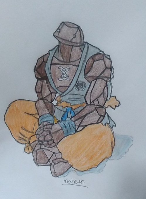 A hand-drawn illustration of a stone golem warrior sitting cross-legged, wearing a gray vest over orange pants, signed 'mahsun'.