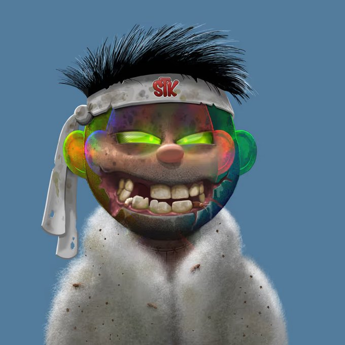 Digital artwork/3D render of a grotesque, distressed doll-like character with spiky black hair, a white headband with red lettering, a multicolored face, glowing green eyes, and a wide toothy grin, set against a blue background.