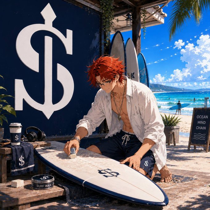 An anime-style illustration of a red-haired man waxing a white surfboard marked with an "S" logo. He sits at a beachside stall with surfboards and a sign reading "OCEAN MIND CHAIN" in the background.