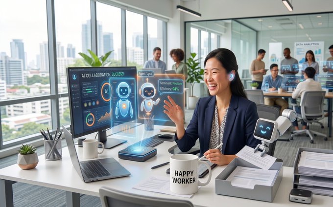 A smiling Asian woman wearing a headset works at a modern office desk featuring a "HAPPY WORKER" mug, an AI chatbot interface on her monitor displaying "AI COLLABORATION: SUCCESS," and a small desktop robot, with colleagues visible in the background alongside "DATA ANALYTICS" signage. The image visually reinforces the post's theme of the agentic AI economy by depicting a human seamlessly collaborating with AI assistants and analytics tools in a productive workplace setting.