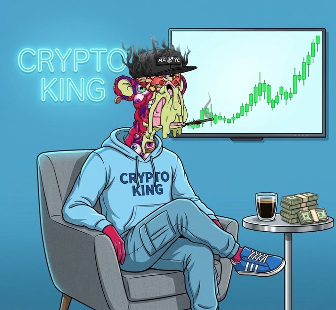 A cartoon character with a grotesque face, wearing a "CRYPTO KING" hoodie and cap, lounges in a chair next to a glowing "CRYPTO KING" neon sign, with a green candlestick chart showing an upward trend displayed on a TV screen behind him, alongside stacks of cash and a drink—visually embodying the triumphant "Good morning" of a crypto trader riding bullish momentum.