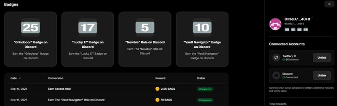 Discord badges dashboard showing user '0x3ad7...A0FB' with badges including 'Grindoor 25', 'Lucky 17', 'Newbie 5', and 'Vault Navigator 10', along with connected accounts and conversion history.