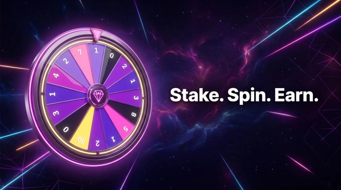 A vibrant promotional image features a glowing purple and pink spinning wheel of fortune alongside the text "Stake. Spin. Earn." against a cosmic neon background, visually capturing the excitement of QORPO's new Community Points staking system where users can stake $QORPO tokens and spin to earn rewards.