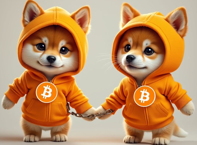 A 3D-rendered image of two Shiba Inu puppies wearing orange hoodies featuring the Bitcoin logo, standing side by side and connected by a metal chain.