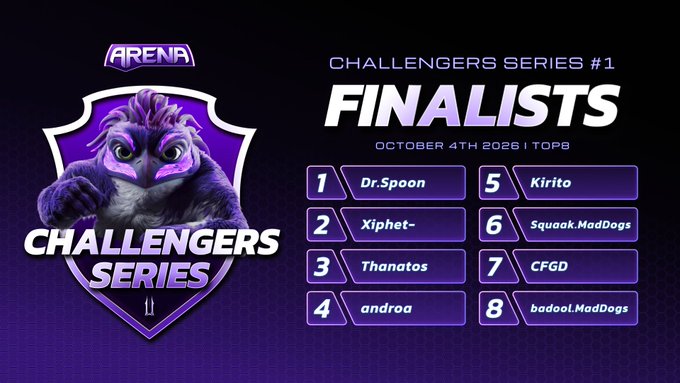 The image is a promotional graphic for the "Arena Challengers Series #1" Finals, taking place on October 4th, 2026, at 10 PM. It features an owl mascot and lists the Top 8 finalists: Dr.Spoon, Xiphet-, Thanatos, androa, Kirito, Squaak.MadDogs, CFGD, and badool.MadDogs.