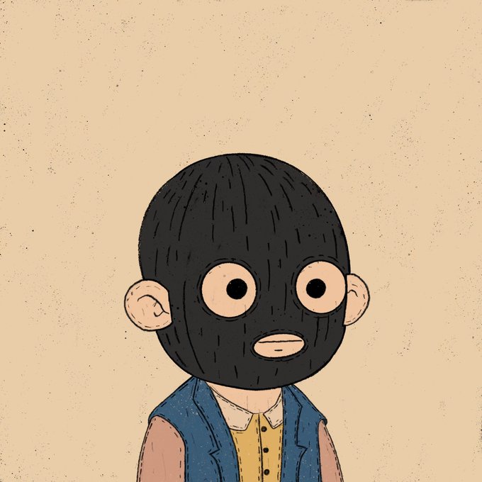 An illustration of a child wearing a black ski mask over their head, with wide eyes and small ears poking out, dressed in a blue jacket and yellow shirt against a beige background.
