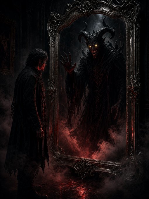 A dark, gothic digital artwork depicting a cloaked figure with glowing red eyes and horns emerging from an ornate mirror as another figure watches.