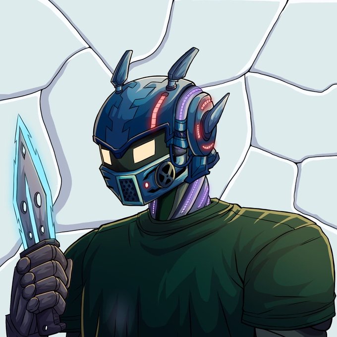 Digital illustration of a character wearing a futuristic blue and purple helmet with spikes and glowing visors, holding a glowing blue blade.