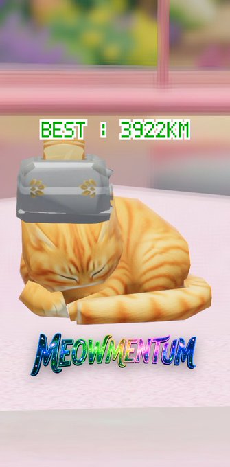 A screenshot from a mobile game featuring a sleeping orange tabby cat with a hammer on its head, displaying 'BEST 1 3922KM' and the title 'MEOWMENTUM'.