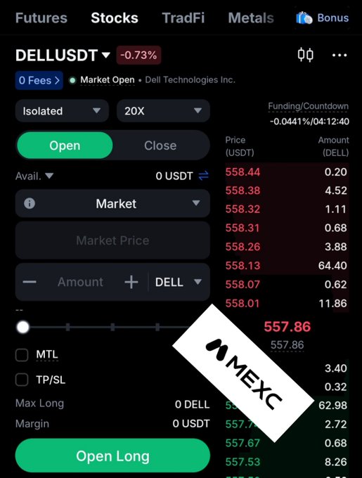 A trading interface on the MEXC exchange displaying the DELLUSDT futures pair, showing an 'Open Long' button, order book, and a -0.73% price change.
