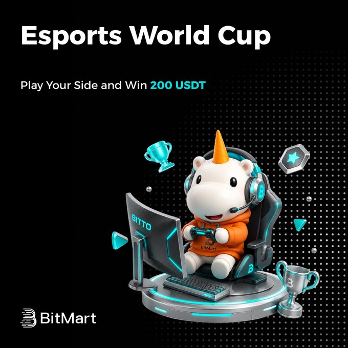 The image advertises the Esports World Cup on BitMart, featuring a cartoon unicorn playing a video game and offering a chance to win 200 USDT. It aligns with the post by visually representing the "Esports World Cup" and its prize.