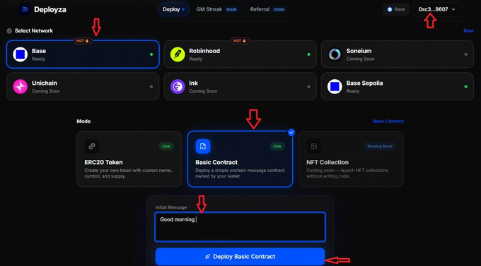 A tutorial screenshot of the 'Deployza' platform showing how to deploy a contract on the Base network, with red arrows indicating steps to select 'Basic Contract,' enter the initial message 'Good morning!', and click 'Deploy Basic Contract'.
