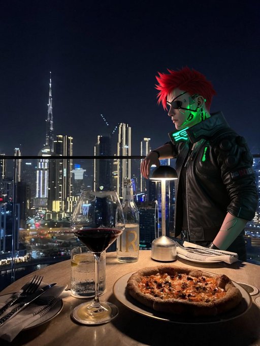 Cyberpunk-style image of a red-haired character in sunglasses enjoying wine and pizza on a balcony overlooking a nighttime city skyline including the Burj Khalifa.