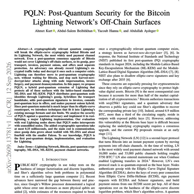 The image displays the academic title page of "PQLN: Post-Quantum Security for the Bitcoin Lightning Network's Off-Chain Surfaces," authored by Ahmet Kurt, Abdul-Salem Beibitkhan, Yacoub Hanna, and Abdullah Aydeger (dated September 12, 2026, arXiv:2609.13781v1). The paper proposes a post-quantum cryptographic upgrade using NIST's ML-DSA and ML-KEM standards to secure Lightning's gossip, peer transport, invoices, and payment onion protocols. This relates to the social media post by showcasing the actual research paper behind the claim that East Texas A&M students developed a quantum-proof solution for the Bitcoin Lightning Network without altering Bitcoin's core.