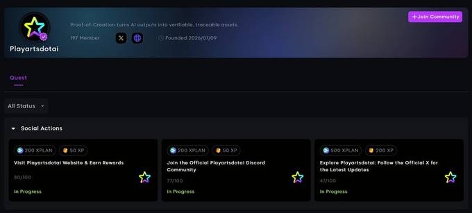 A web interface for 'Playartsdotal' shows quest activities with XP LAN rewards for visiting the website, joining Discord, and following official X updates, indicating a community engagement platform for an NFT/AI project.