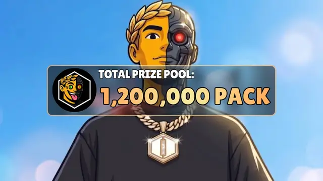 Promotional graphic showing a half-human, half-cyborg character with a laurel wreath, announcing a total prize pool of 1,200,000 PACK.