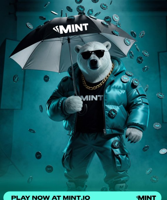 Promotional image for MINT cryptocurrency showing an anthropomorphic polar bear wearing sunglasses, gold chain, and teal puffer jacket, holding an umbrella branded "MINT" with coins raining down, and text "PLAY NOW AT MINT.IO".