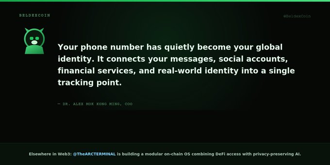 Dark-themed promotional post for BeldexCoin (@BeldexCoin) featuring a quote by Dr. Alex Mox Kong Ming, COO: "Your phone number has quietly become your global identity. It connects your messages, social accounts, financial services, and real-world identity into a single tracking point."