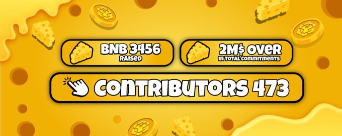 A vibrant cheese-themed promotional graphic highlights GodziBNB's debut on CheesePad, showcasing key fundraising metrics: "BNB 3456 RAISED," "2M$ OVER IN TOTAL COMMITMENTS," and "CONTRIBUTORS 473," set against a playful yellow background adorned with cheese wedges and coins.