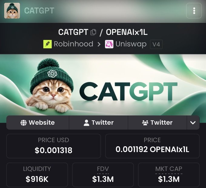 A screenshot of the CATGPT/OpenAIx1L token page showing a $0.001318 price with $916K liquidity and a $1.3M market cap on Robinhood/Uniswap (V4), featuring a kitten wearing a green beanie—supporting the post's claim that it's an undervalued cat coin listed on Robinhood.