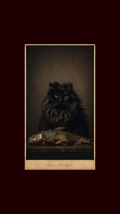 A vintage-style portrait of a fluffy black cat sitting behind a fish on a table, with the caption 'Hunter of the Night' displayed below on a dark red background.