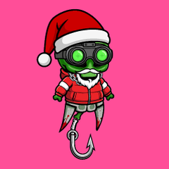 A cartoon illustration of a green fish-like character wearing a red Santa hat and a puffer jacket with a hook instead of legs, set against a pink background.