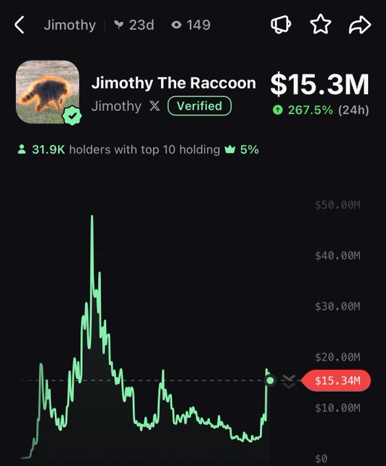Jimothy The Raccoon (Jimothy) memecoin price chart showing a $15.3M market cap with 267.5% gains in 24 hours and 31.9K holders, following a sharp upward spike after a period of decline—aligning with the post's bullish sentiment that all "jeets" (short-term sellers) have been shaken out before the rally.