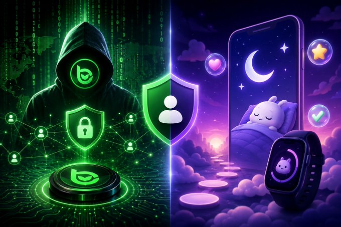 A split digital illustration contrasts a green hacker figure with security shields and digital networks on the left against a purple nighttime scene featuring a smartphone, smartwatch, and cute sleeping character on the right.