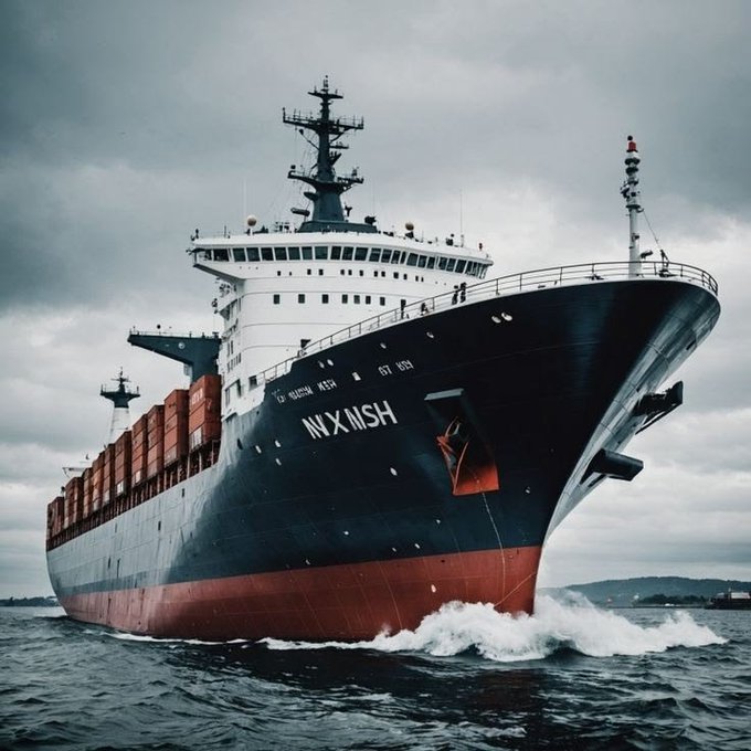 A photograph of a large black and red cargo container ship sailing through open water under a cloudy sky, with shipping containers visible on deck.