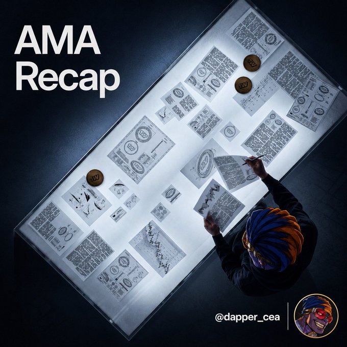A person with colorful dreadlocks and red-tinted glasses stands at an illuminated table reviewing documents and charts, branded with "AMA Recap" and the handle "@dapper_cea." The setup visually reinforces the post's theme of a structured recap of the 1win Token AMA, with the analyst examining detailed notes and tokenomics materials shared by @1winPro and @EvoOnChain.