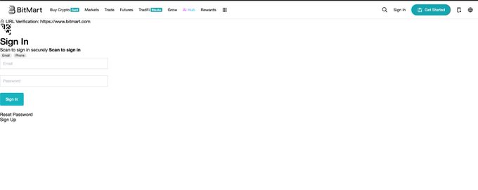 A screenshot of the BitMart cryptocurrency exchange website (www.bitmart.com) displaying a simple "Sign In" page with Email and Password fields, but no other visible content—illustrating the user's complaint about being unable to log in and access their account with over $1K in funds.