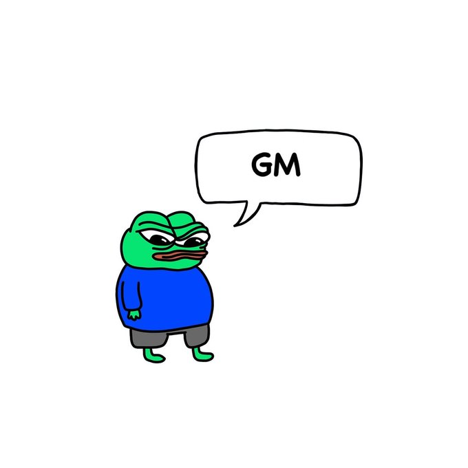 A cartoon image of Pepe the Frog wearing a blue shirt says 'GM' in a speech bubble.
