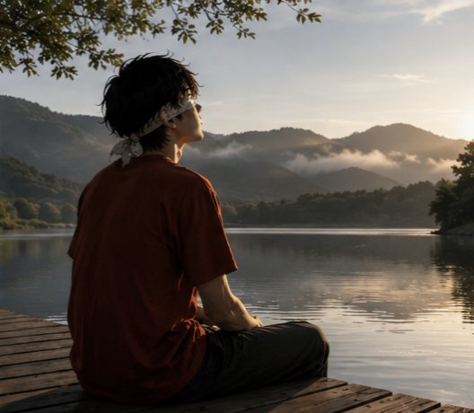 A young person with dark hair wearing a red shirt and blindfold sits on a wooden dock by a misty lake at dawn or dusk, surrounded by mountains and overhanging tree branches.