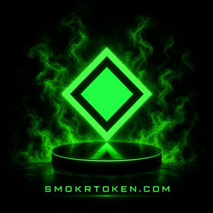 A glowing green diamond logo with a black border hovers above a dark circular podium surrounded by green smoke, with the text 'SMOKRTOKEN.COM' displayed at the bottom.