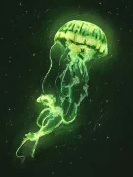 A luminous green jellyfish floats in dark water, its translucent bell and trailing tentacles glowing brightly against the surrounding dark, speckled background.