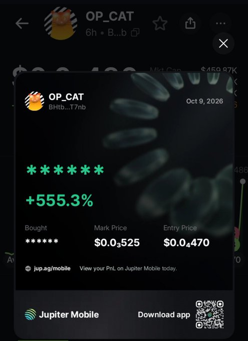 A cryptocurrency trading screen on Jupiter Mobile showing OP_CAT with a +555.3% gain, a mark price of $0.0525, and an entry price of $0.0470.