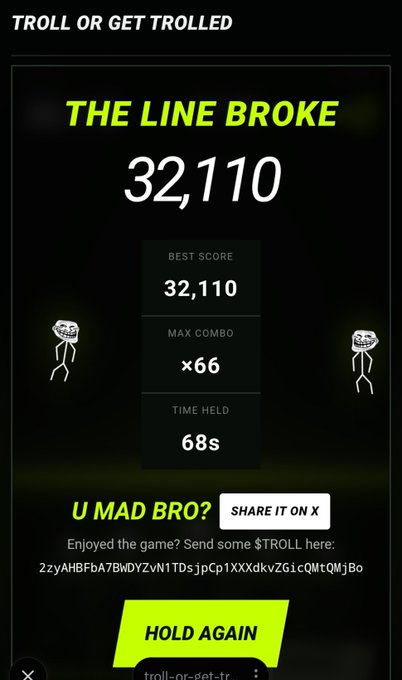 Game results screen for a mobile game titled 'TROLL OR GET TROLLED,' showing a best score of 32,110, max combo of 66, time held of 68 seconds, and a cryptocurrency wallet address for tips.
