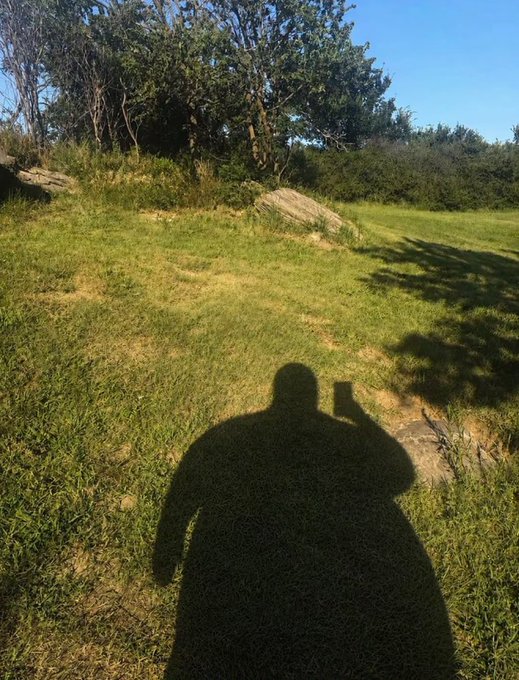 The shadow of a person holding a phone is cast on a grassy lawn, appearing to stretch out and "touch" the grass in the sunlight. The image visually captures the playful caption by showing the photographer's elongated shadow reaching toward the ground.
