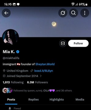 Twitter/X profile screenshot of user 'Mia K.' (@miakhalifa), an immigrant and founder of Sheytan.World from the United Kingdom, with 6.3M followers, joined September 2014.