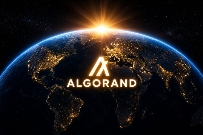 The image features a large globe with the word "AlgoRand" written above it, which stands out against the dark background of space. The sun is shining brightly behind the globe, creating a warm glow that illuminates the entire scene. The text "ALGORand" is in white letters and appears to be glowing yellow, making it stand out even more. The image also contains some text that reads "#AlgoRand will usher in a new dawn for AI agentic payments".