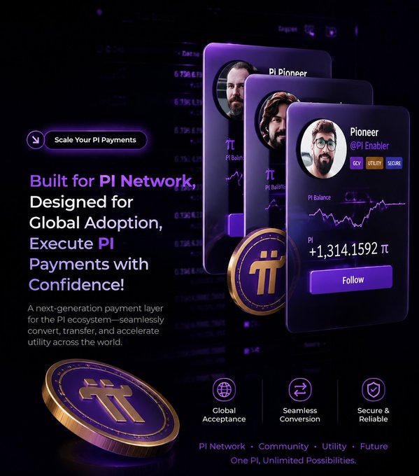 A promotional graphic for the Pi Network payment ecosystem featuring a dark purple design with "Pi Pioneer" profile cards, Pi coin imagery, and text such as "Scale Your PI Payments," "Built for PI Network, Designed for Global Adoption," and a balance of "+1,314.1592 π" alongside "One Pi, Unlimited Possibilities."

The image aligns with the post by visually promoting the Pi Network's payment infrastructure and utility, reinforcing the idea that Pi is being developed into a robust, globally accepted payment layer—a foundation that would make future trading pair integrations, such as a potential BTC/PI pairing, more viable.