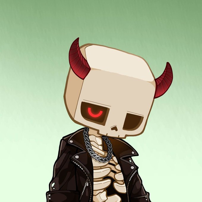 A chibi-style cartoon skeleton with red devil horns, glowing red eyes, and a leather jacket stands against a mint green background, fitting the edgy crypto/NFT collab announcement vibe.