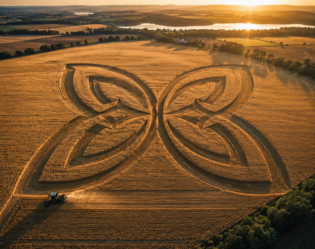 The image features an aerial view of a large field with a butterfly-like pattern created by a tractor plowing through it, leaving behind a trail of furrows that resemble the shape of a butterfly. The sun is setting over the horizon, casting a warm glow on the scene and highlighting the intricate design made by the tractor in the field.